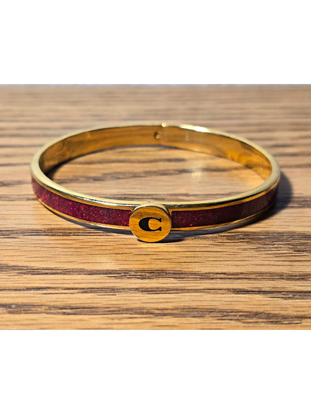 Coach Red Glitter Enamel Gold Tone Hinged Bangle Bracelet C Logo Thailand